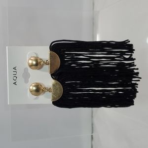AQUA BLACK FRINGE TASSEL EARRING GOLD TOP
